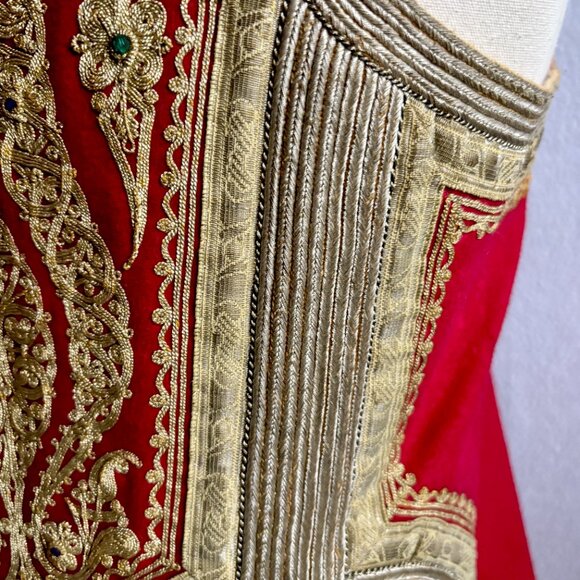 Antique Red Wool & Gold Trim Balkan Macedonian Long Traditional Folk Vest - Picture 9 of 16